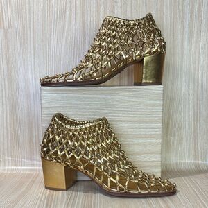 CECELIA Gold Woven Leather Block Heel Sandals 10 Statement Luxe